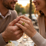 Gold two birthstone ring worn by a woman as a personalized everyday jewelry gift