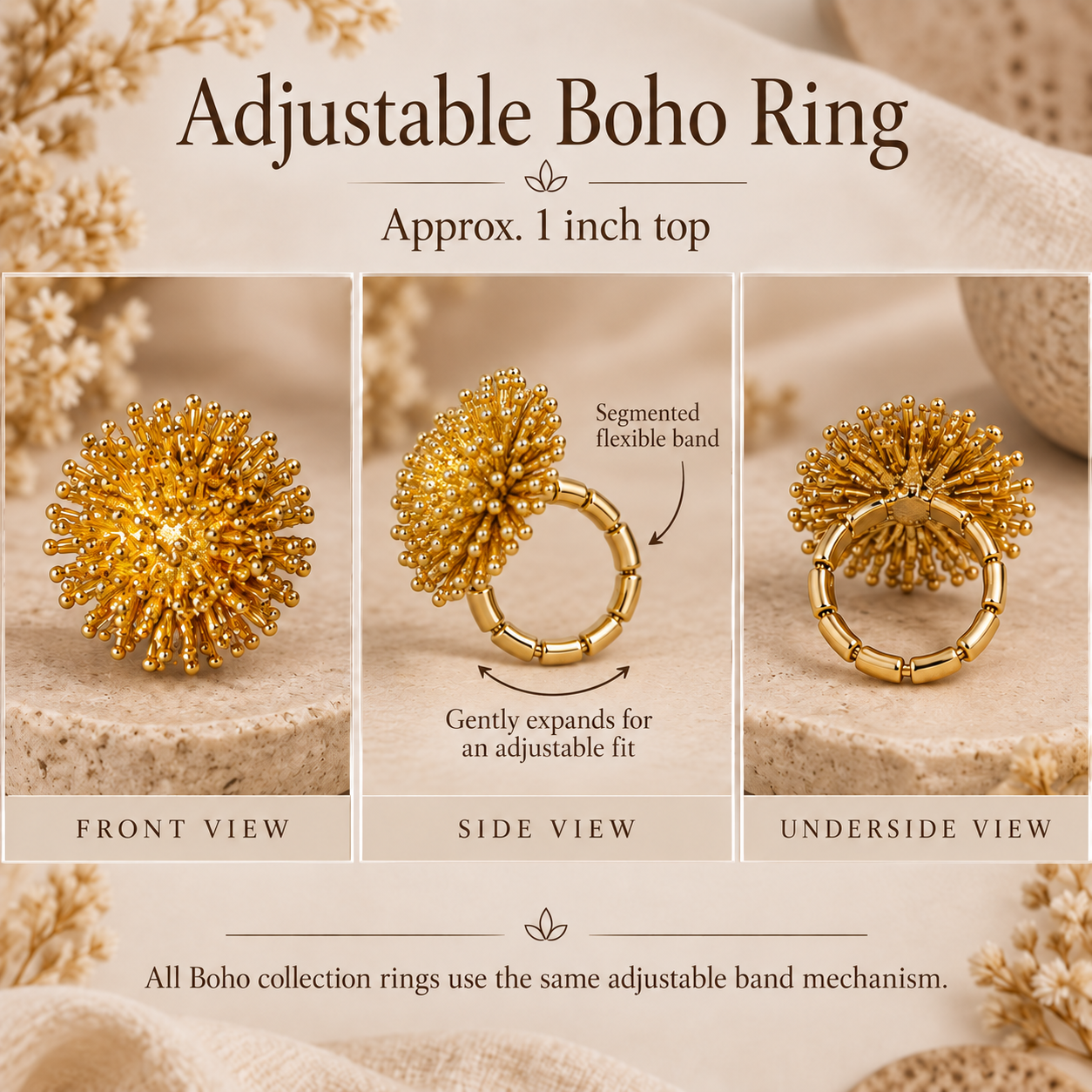 Gold Dandelion Puff adjustable ring size and design chart with front side and underside views

