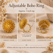 Gold Dandelion Puff adjustable ring size and design chart with front side and underside views

