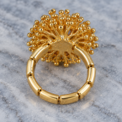 Side and back view of Gold Dandelion Puff adjustable ring showing flexible segmented band

