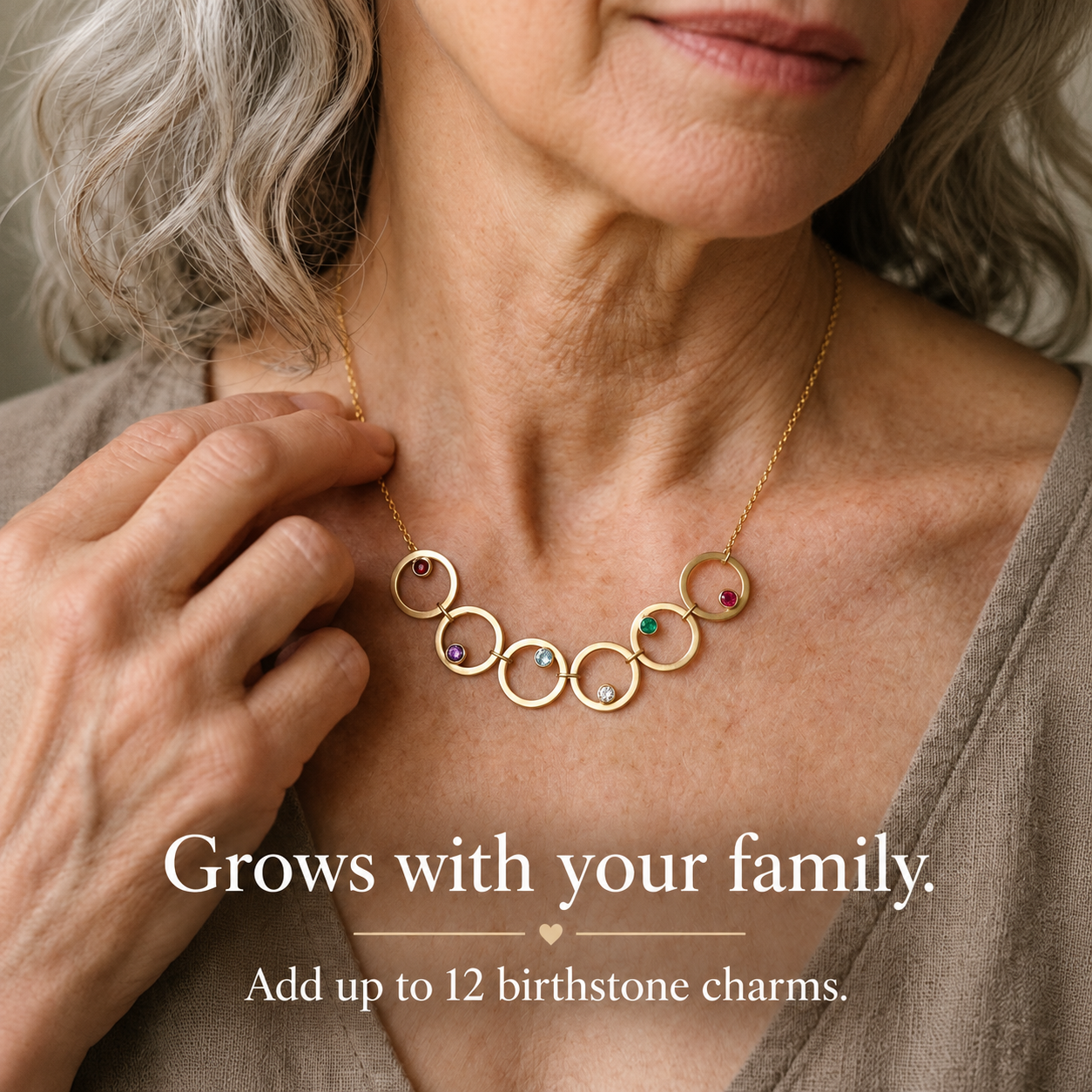 Birthstone circle necklace for Mom or Grandma with multiple open circles and up to 12 family gemstone charms.
