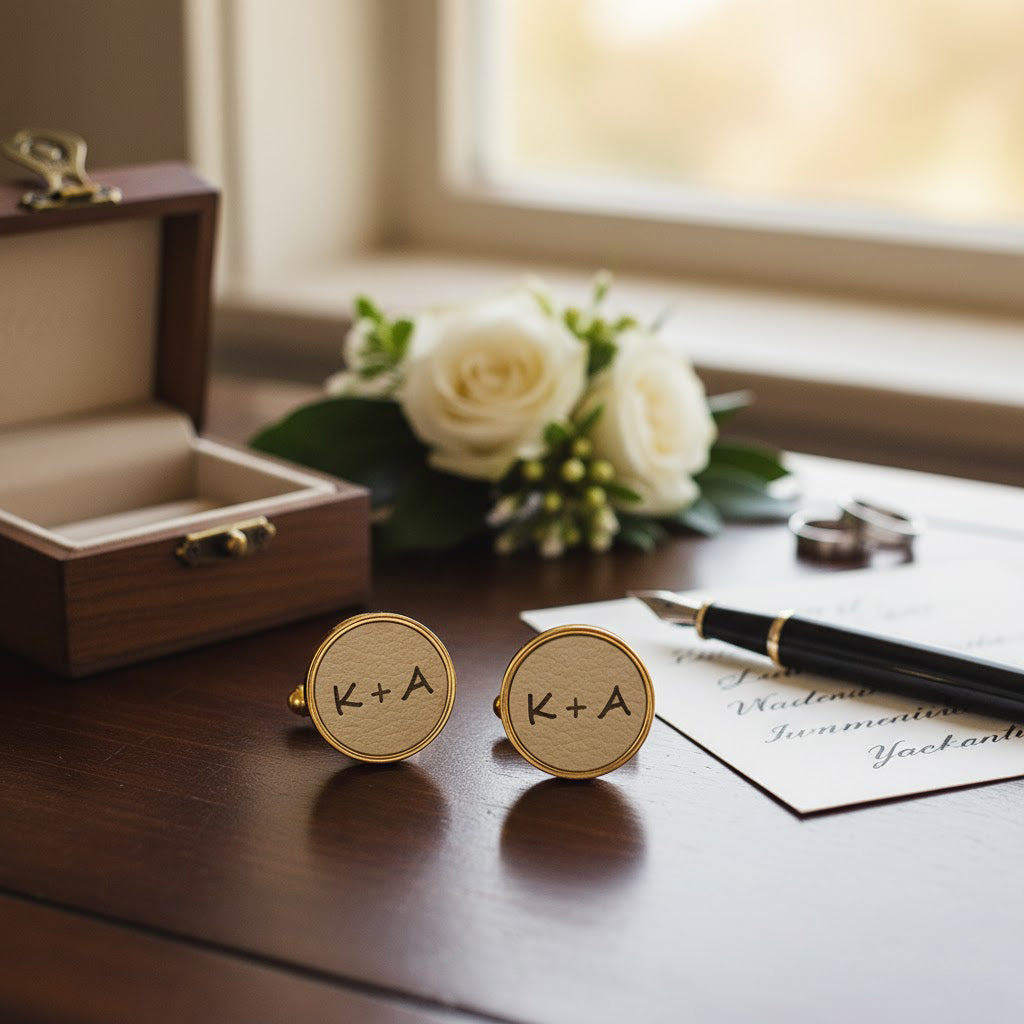 Custom engraved leather cufflinks with K + A initials in gold bezel, displayed on wedding desk with ring box, roses and invitation, personalized monogram cufflinks for groom or groomsmen, romantic anniversary or wedding day gift for him.