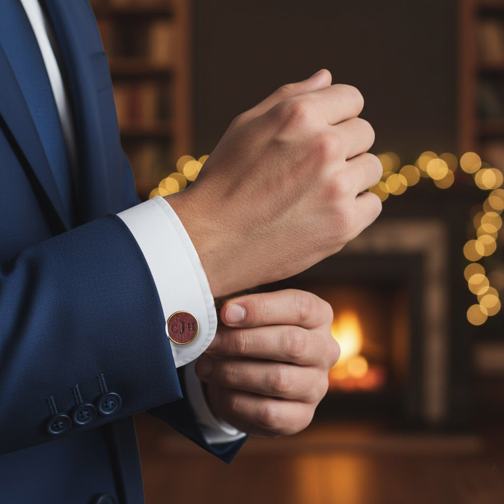 Custom engraved leather cufflinks with embossed initials on round brown leather in gold-tone setting, shown on groom’s blue suit sleeve, personalized wedding cufflinks for him, sophisticated anniversary, Father’s Day or groomsmen gift.