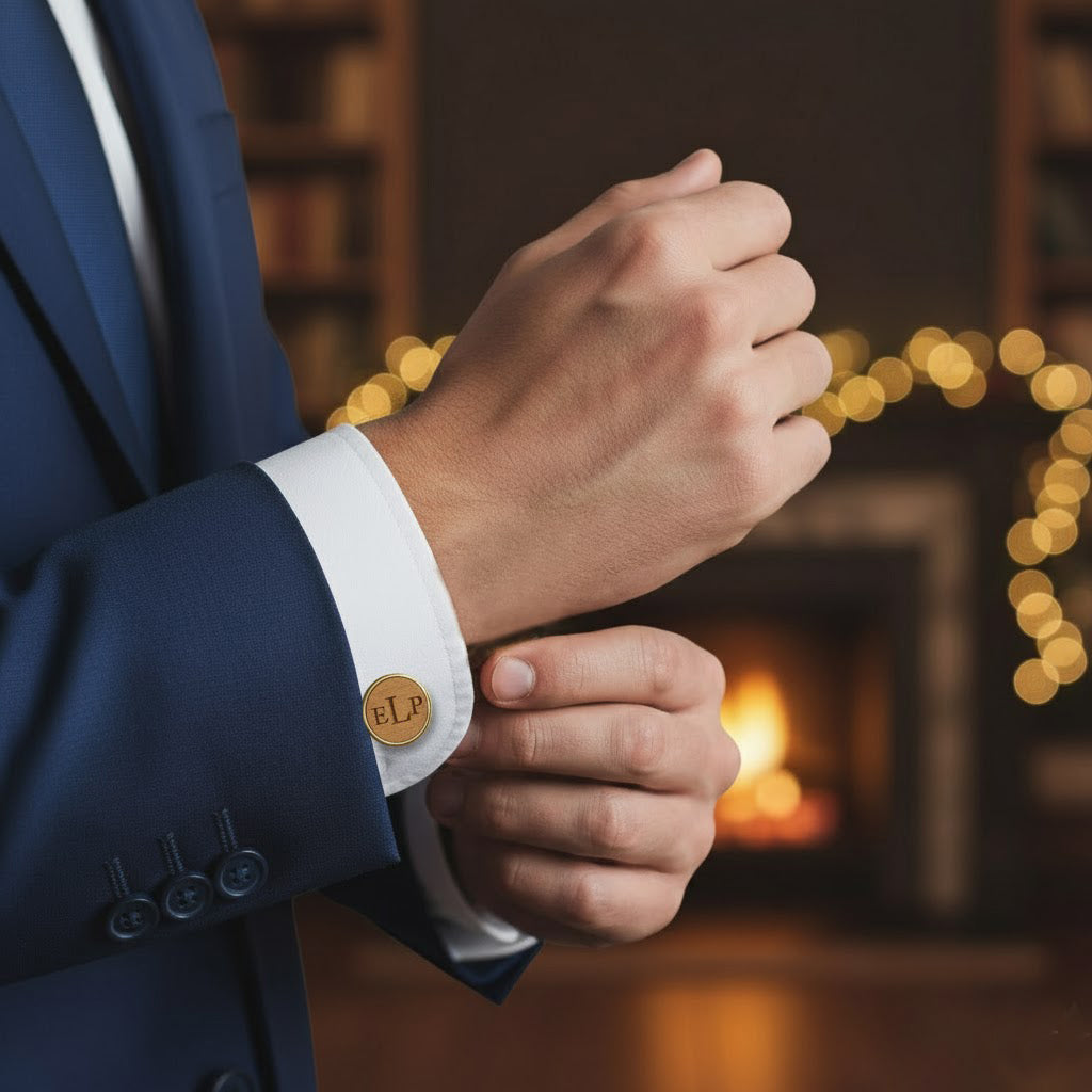 Groom wearing personalized monogram cufflinks, custom engraved men’s formal accessories for wedding or business attire.