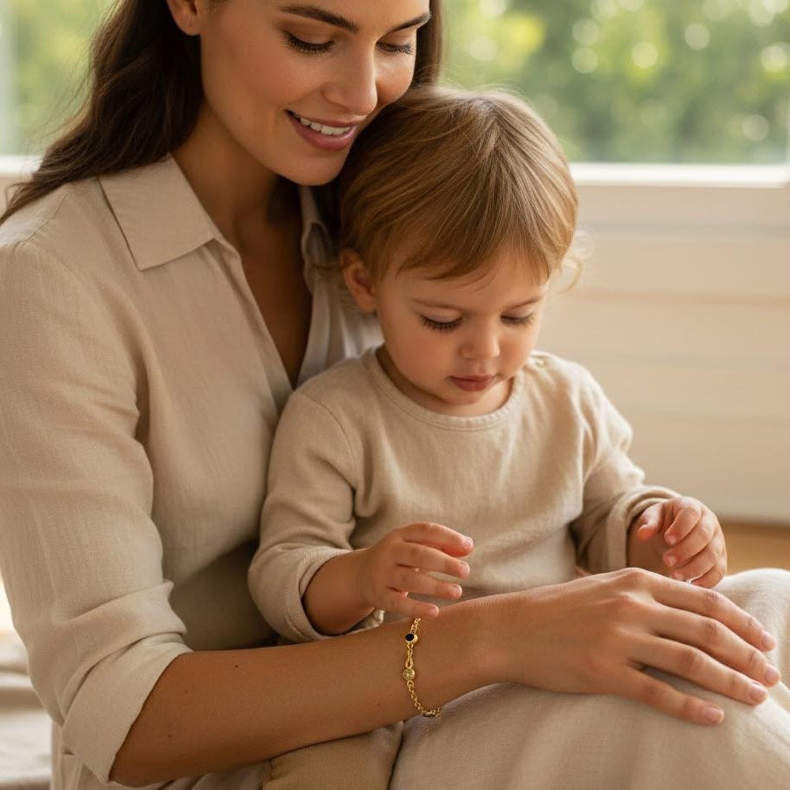 Mother wearing a personalized birthstone bracelet while holding her child, showcasing a meaningful family jewelry design. Custom bracelet featuring tiny birthstones representing children or grandchildren. Emotional jewelry gift for mom, new mom, or grandma, perfect for celebrating motherhood and family bonds.