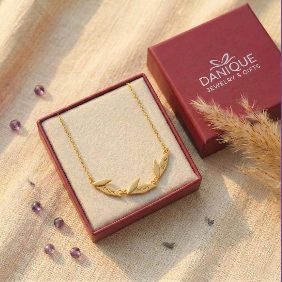 Gift-ready personalized leaf necklace in Danique Jewelry box, a custom name necklace for mom, grandma, birthdays, Mother’s Day, or Christmas.