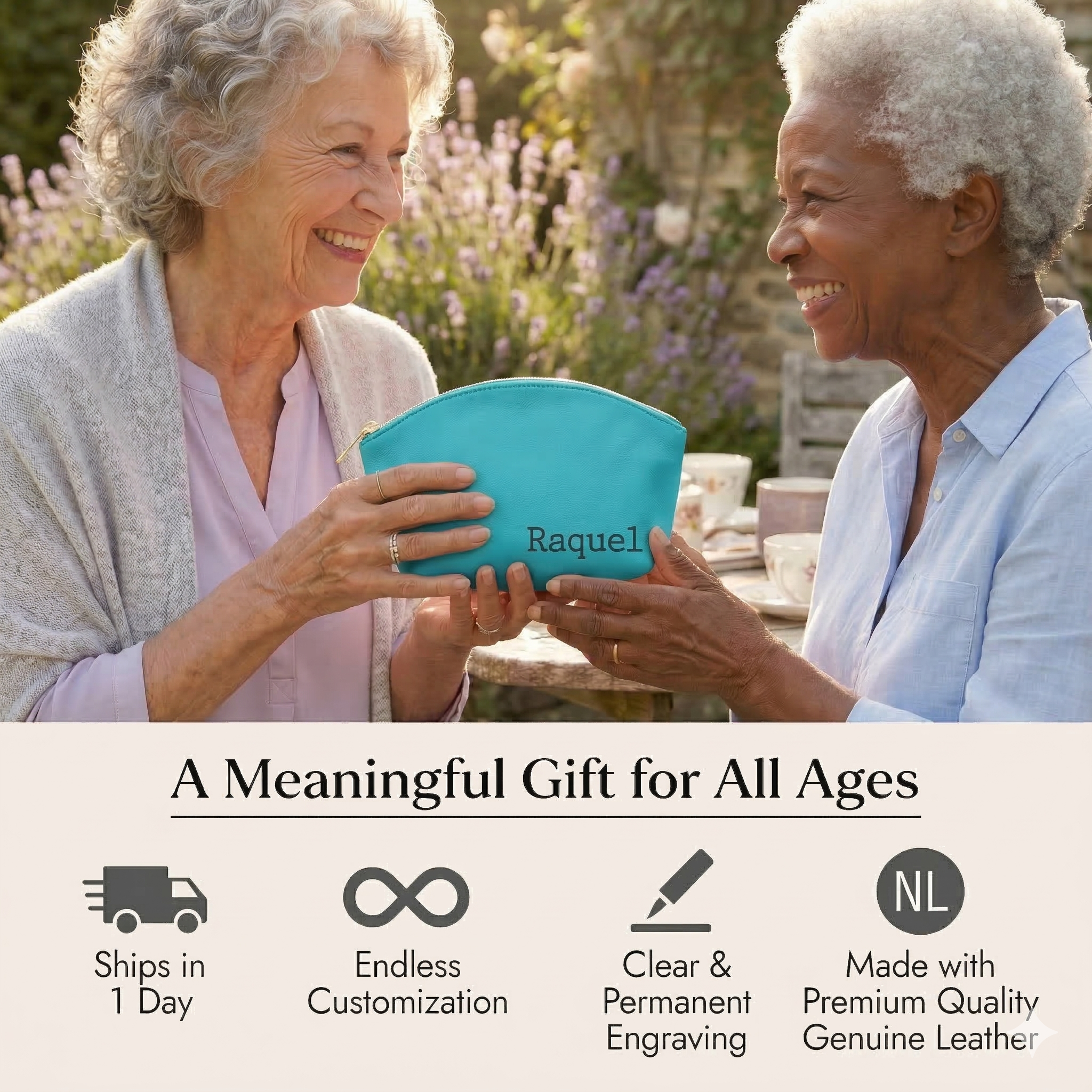 Personalized leather travel makeup bag with engraved initials on the front, crafted to organize cosmetics, skincare items, brushes, and toiletries while offering a sophisticated look and practical storage for everyday beauty routines or trips.