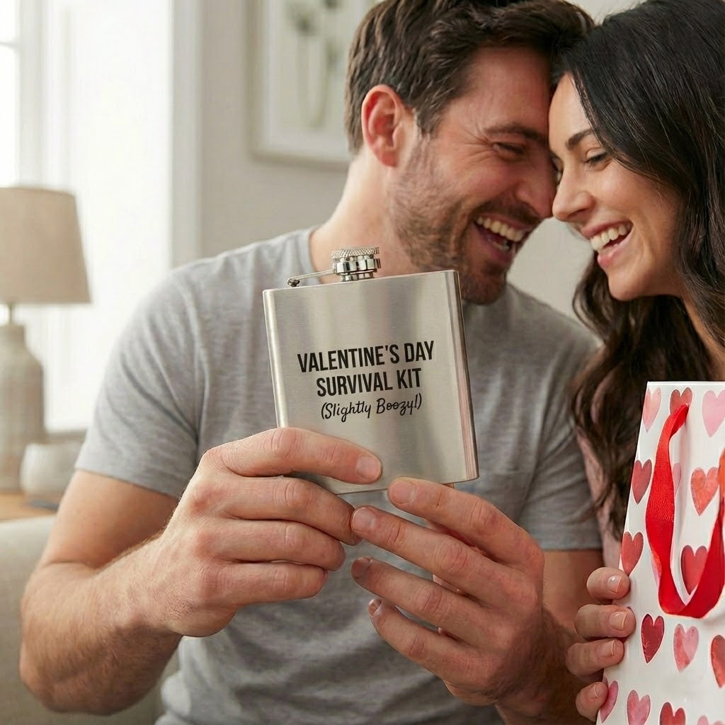 Couple smiling while holding a personalized stainless steel flask, highlighting emotional gifting and custom engraving, engraved flask gift for husband or partner, meaningful anniversary or birthday present, durable stainless steel hip flask with monogram design, personalized barware keepsake crafted for memorable moments and celebrations