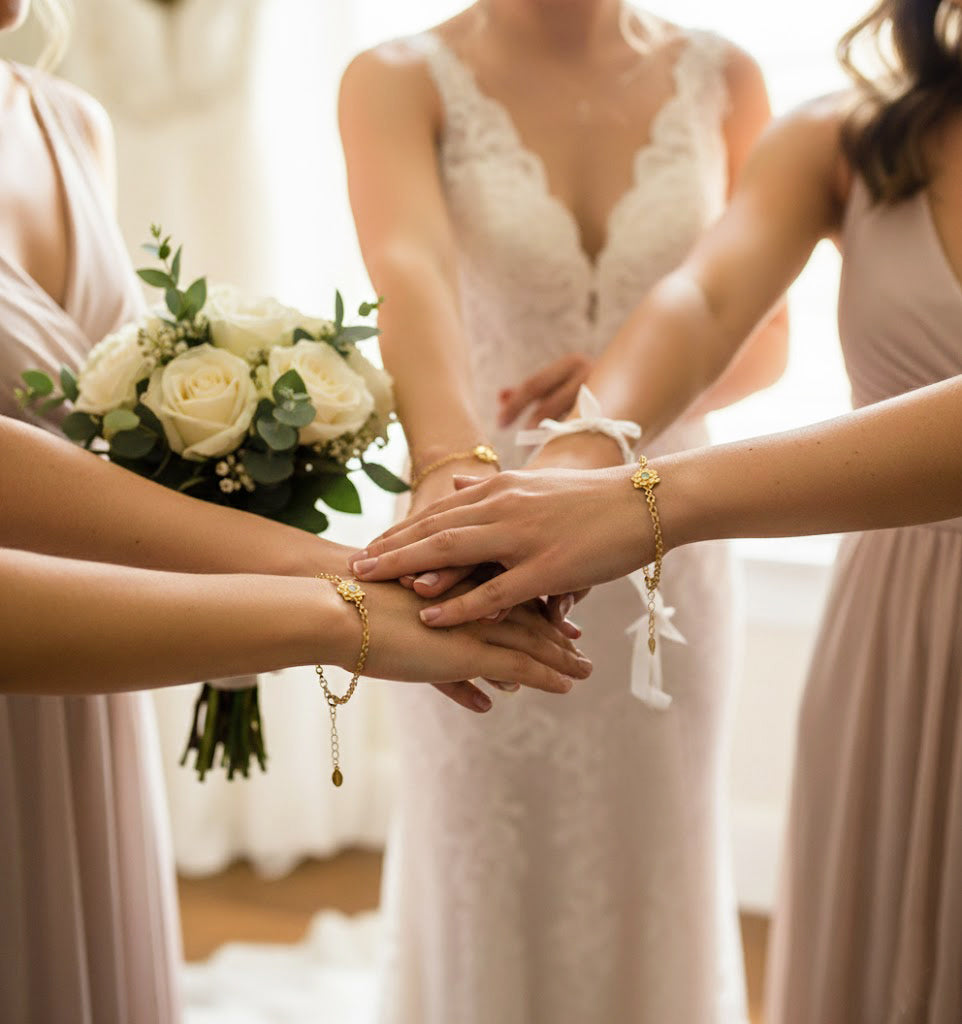 bride and bridesmaids standing together with hands stacked, all wearing matching gold Bloom-inspired birthstone bracelets featuring delicate flower settings, each gemstone representing someone special, elegant personalized jewelry idea for bridesmaids gifts, maid of honor gift or wedding day keepsake, adjustable gold filled chain with subtle sparkle, perfect for layering or wearing alone, feminine floral birthstone bracelet that also works beautifully as a meaningful gift for mom or grandma
