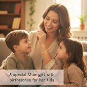 mom wearing personalized birthstone bracelet for mom while cuddling with her two young kids on the couch, each colorful gemstone in a delicate Bloom flower setting representing a child, warm natural light, soft neutral clothing and cozy home background, heartfelt family moment that highlights this custom family birthstone bracelet as a meaningful Mother’s Day, birthday or Christmas gift for mom or grandma who wants to keep her children close every day