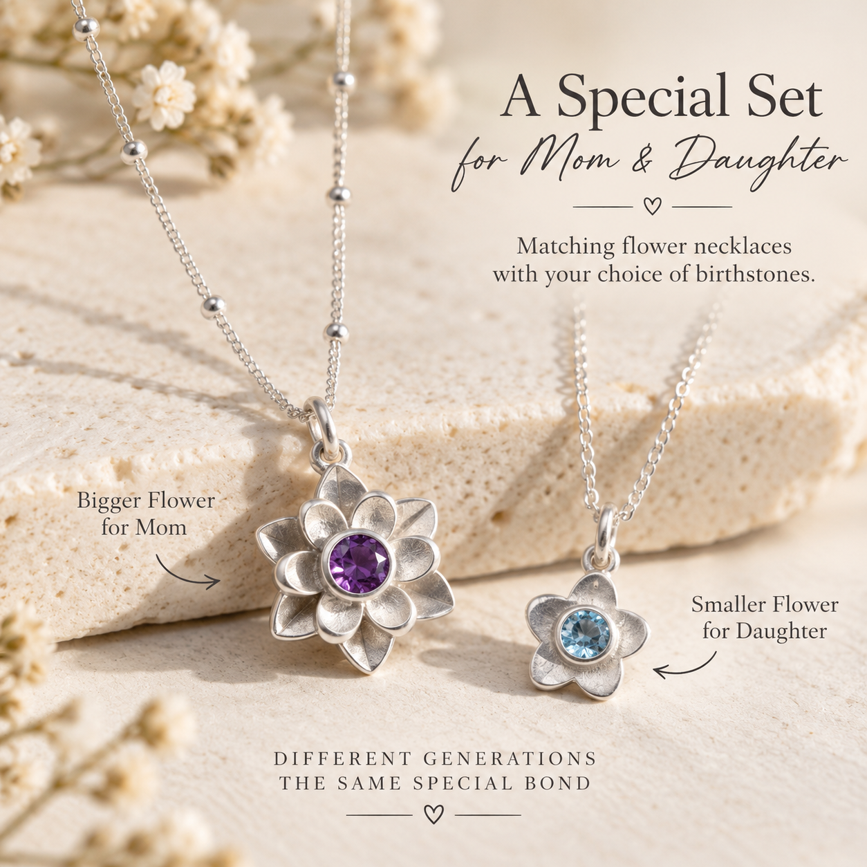 Matching mother and daughter flower necklaces with different pendant sizes and coordinating birthstones.