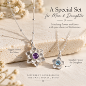 Matching mother and daughter flower necklaces with different pendant sizes and coordinating birthstones.