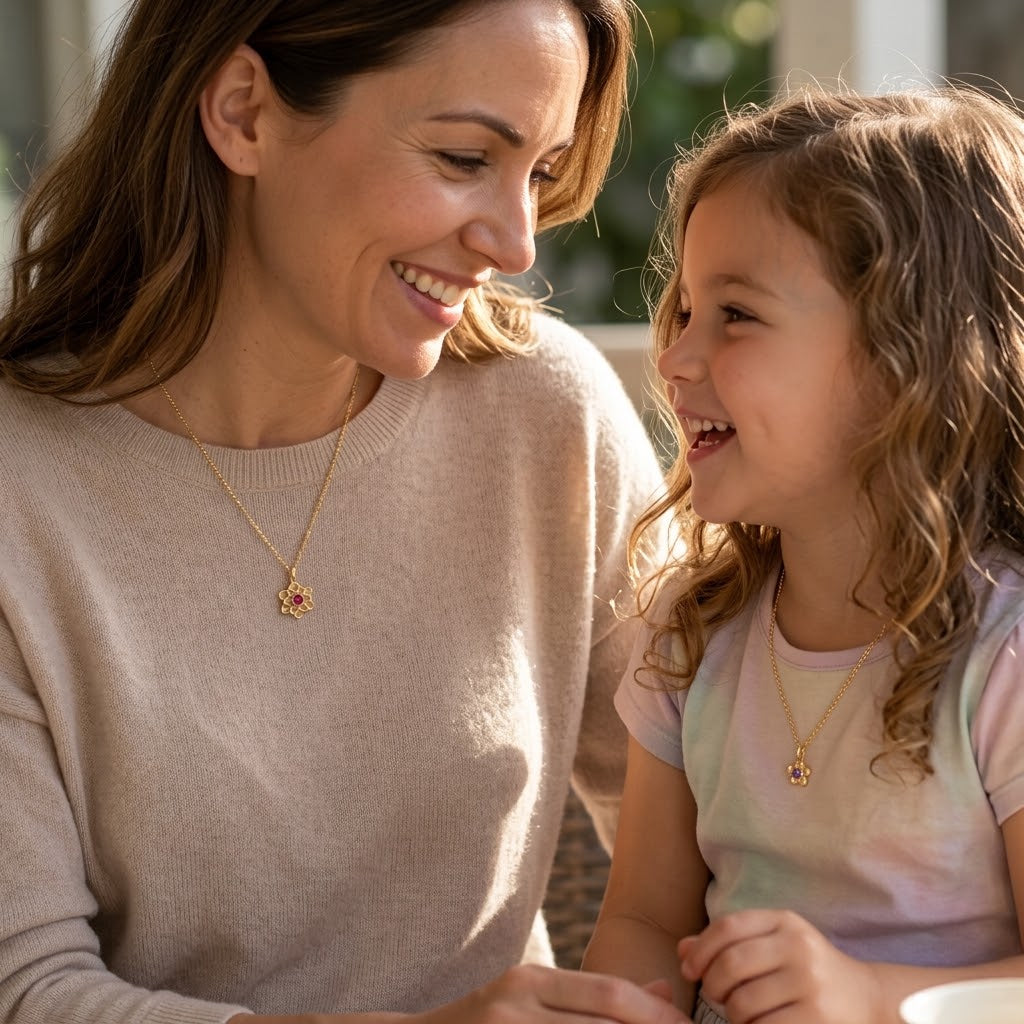 Mother and daughter wearing matching personalized birthstone flower necklaces as a meaningful family jewelry set.

