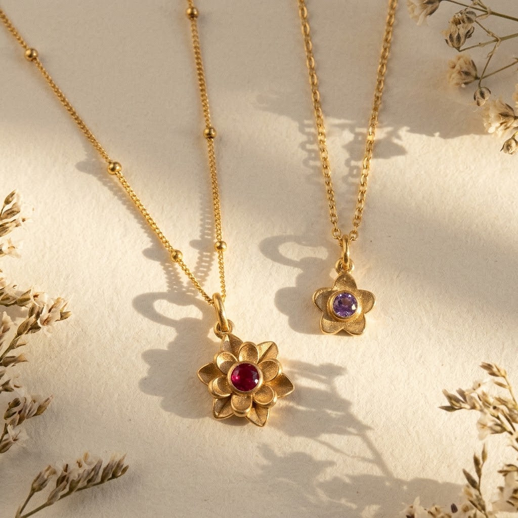 Mother and daughter birthstone flower necklace set with coordinating floral pendants and colorful gemstones in yellow gold.
