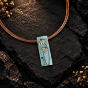 Boho rectangular flower pendant necklace with sage green and blush floral design on wire chain
