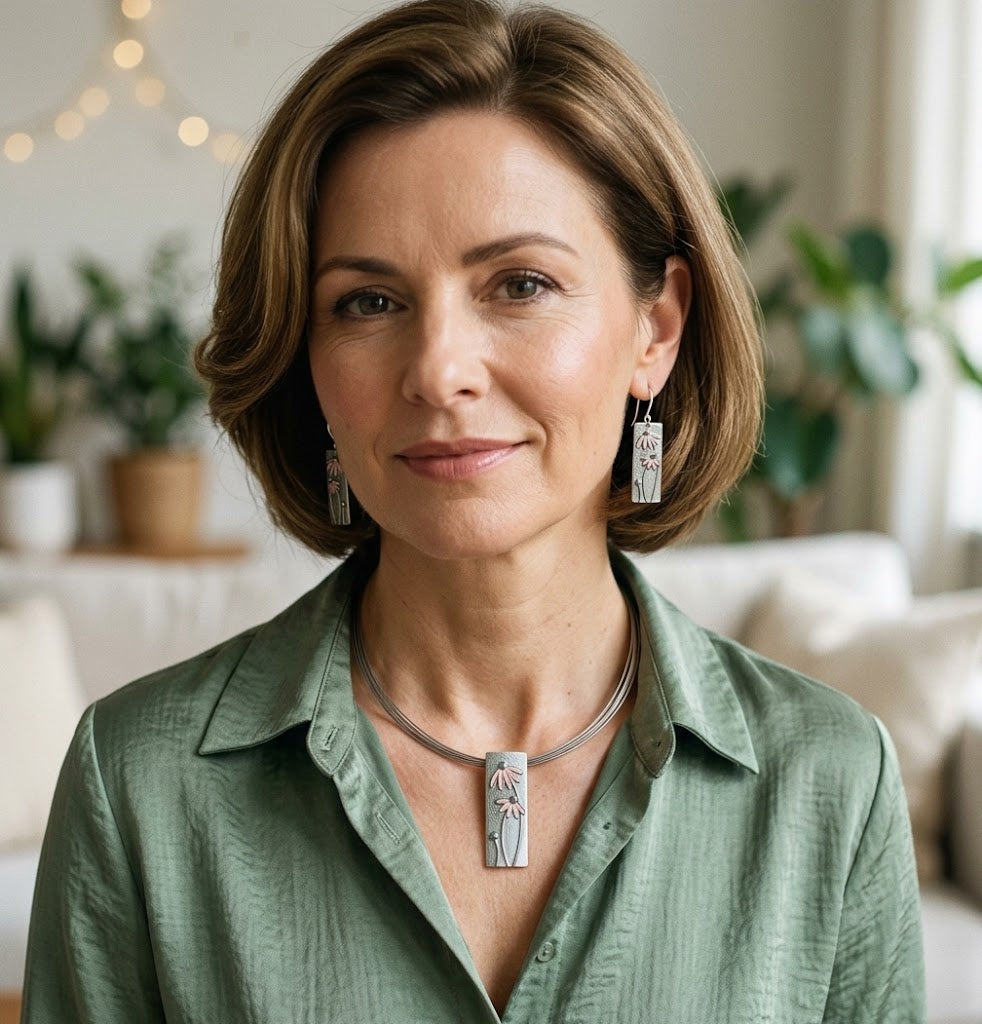 Woman wearing matching pink and blue floral pendant necklace