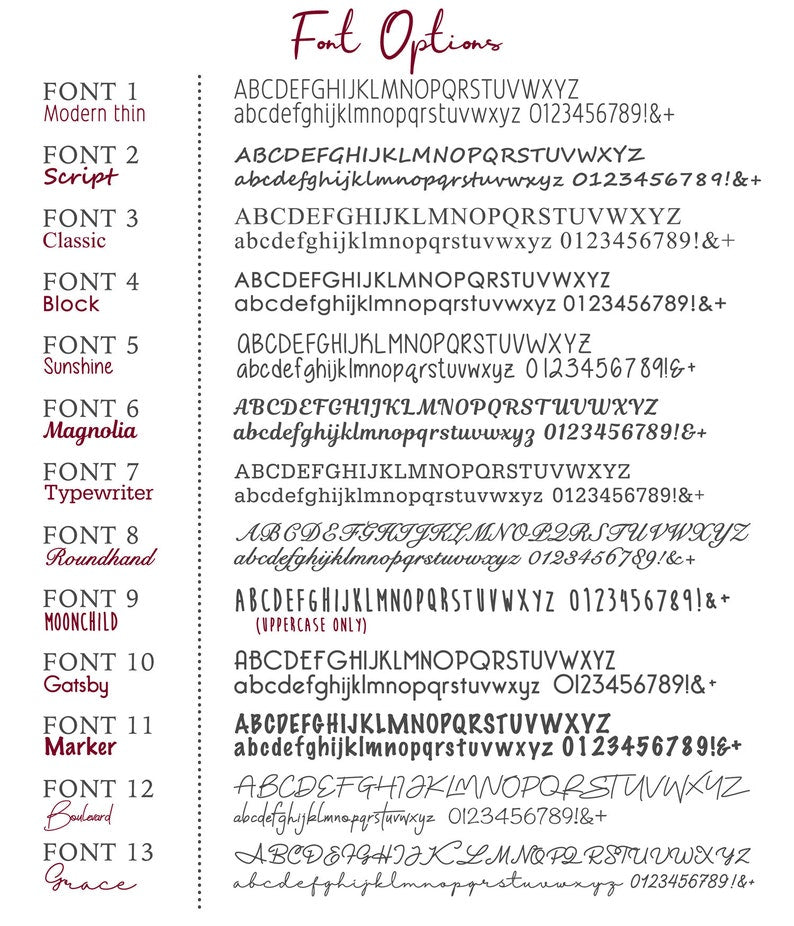 This shows the font options available for engraving. The options are Modern Thin, Script, Classic, Block, Sunshine, Magnolia, Typewriter, Roundhand, Moonchild, Gatsby, Marker, Boulevard, and Grace. We can customize any name or phrase you can think of on these leather phone cases! Need a birthday gift for your hubby? This is the perfect case to protect his phone and add a touch of personalization to his accessories! 