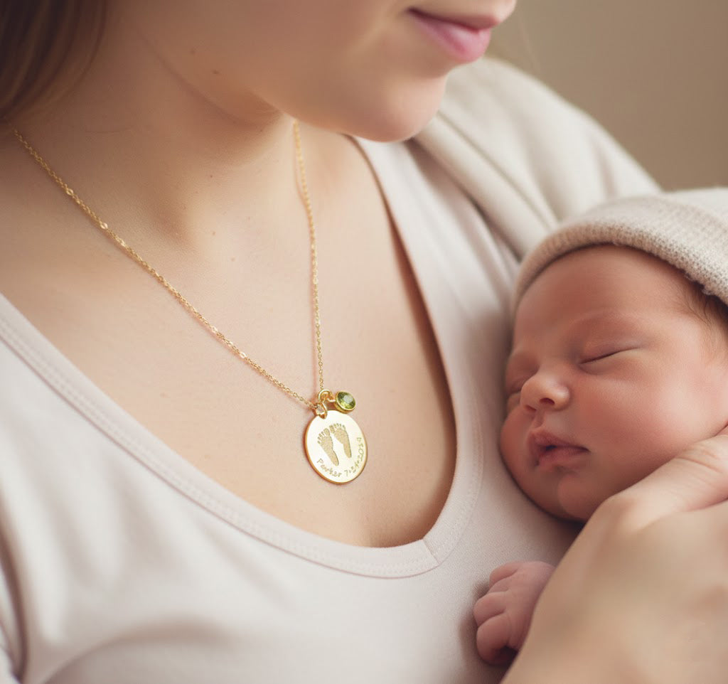 Custom Baby Footprint Necklace with Birthstone, Sterling Silver or Gold Keepsake Jewelry