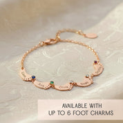 Custom footprint name bracelets available in sterling silver, rose gold-filled, and yellow gold-filled, featuring engraved children’s names with birthstones; personalized mom or grandma bracelet in multiple metal options.