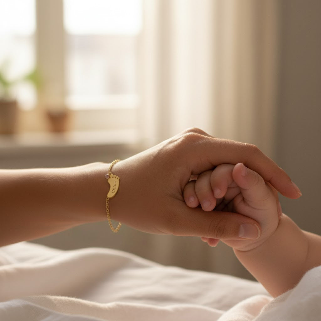 Mom wearing a custom footprint name bracelet with children’s names and birthstones, meaningful personalized jewelry gift for moms of newborns, Mother's Day gift idea, 18K gold-filled family charm bracelet.