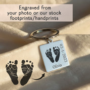 Side-by-side photo showing how a baby’s original footprints are transformed into a custom engraved keychain, with the option to add text or a second design on the back. Personalized baby footprint keychain made from your real photo or our stock footprints, thoughtful keepsake for new parents, NICU graduates, pregnancy loss remembrance or baptism gift.