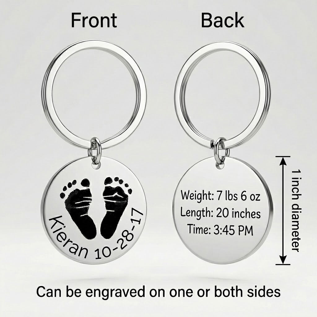 Personalized baby footprint keychain showing front and back engraving options, including an actual baby footprint on one side and custom text on the other. This engraved baby footprint keychain is crafted from stainless steel and designed for everyday wear, making it a meaningful keepsake gift for moms and grandmas who want to carry a baby’s memory wherever they go.
