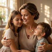 Personalized mom birthstone necklace with engraved name charms and gold teardrop pendant
