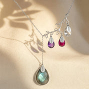 Sterling silver custom birthstone and name engraved charm necklace for mom with colorful gemstone drops and teardrop pendant
