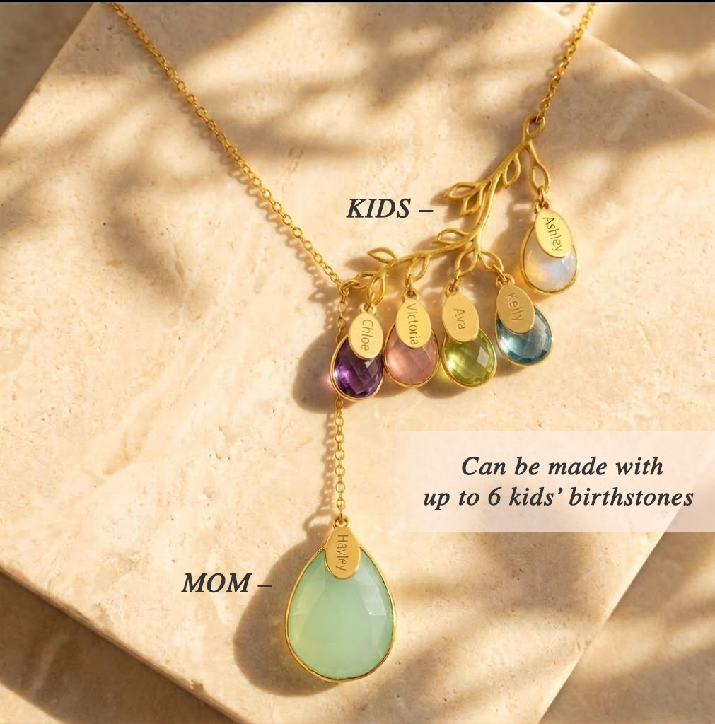 Custom birthstone charm necklace available in sterling silver or 14k gold filled with engraved name tags