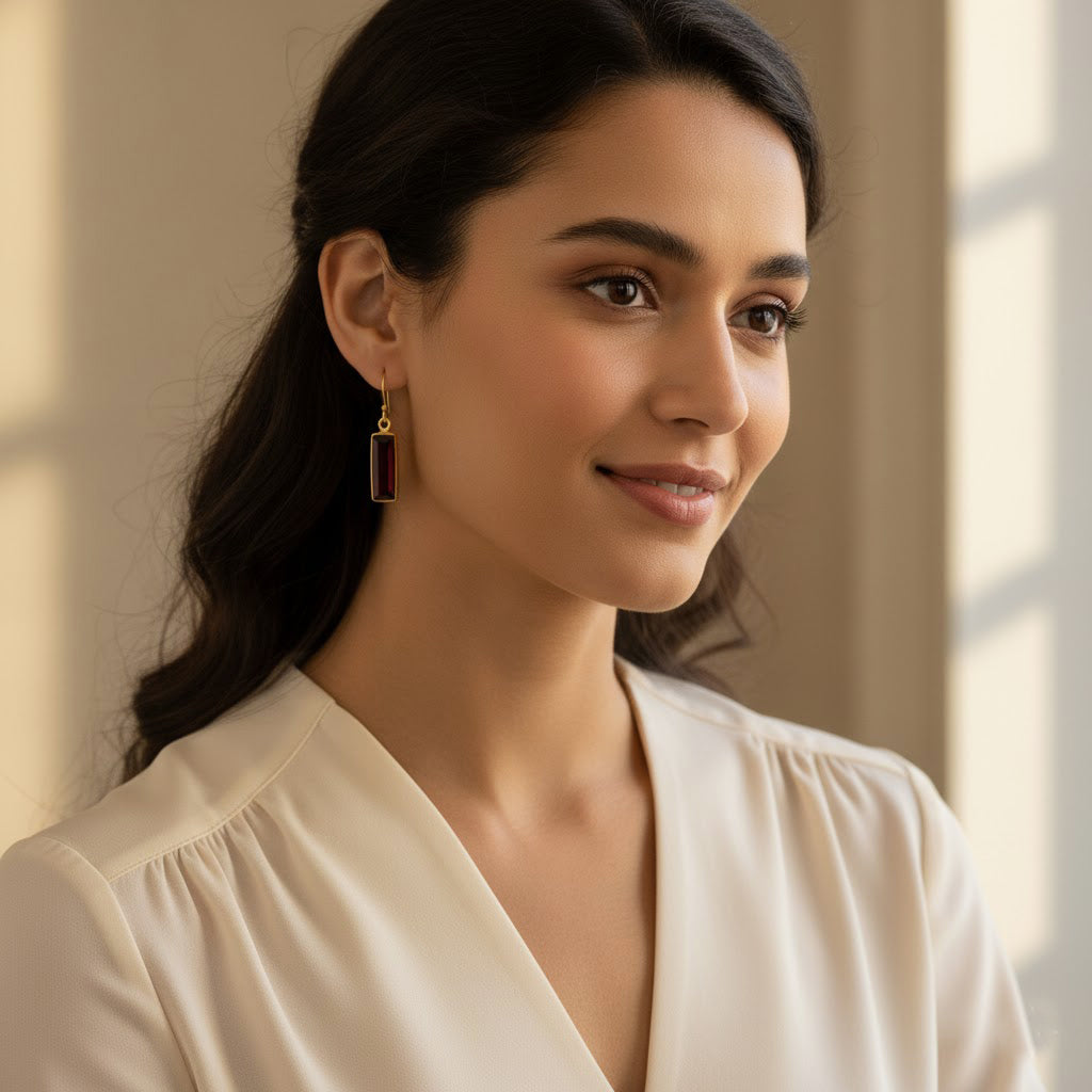 Garnet Bar Earrings : January Birthstone : Adira Series