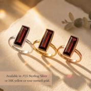Garnet Quartz baguette rings in sterling silver, yellow gold and rose gold vermeil