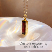 Engraved garnet bar necklace with custom message, meaningful keepsake jewelry