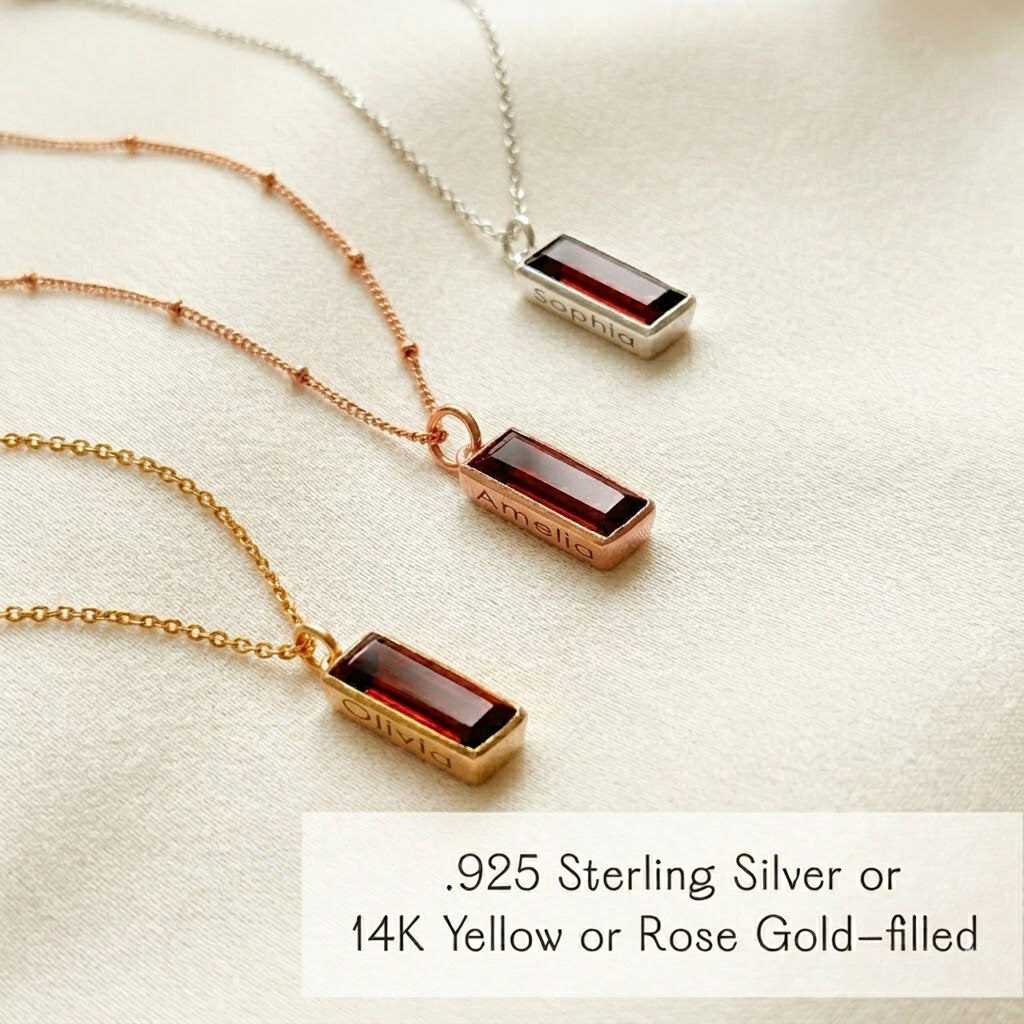 Layered garnet necklaces in gold, personalized birthstone jewelry for women