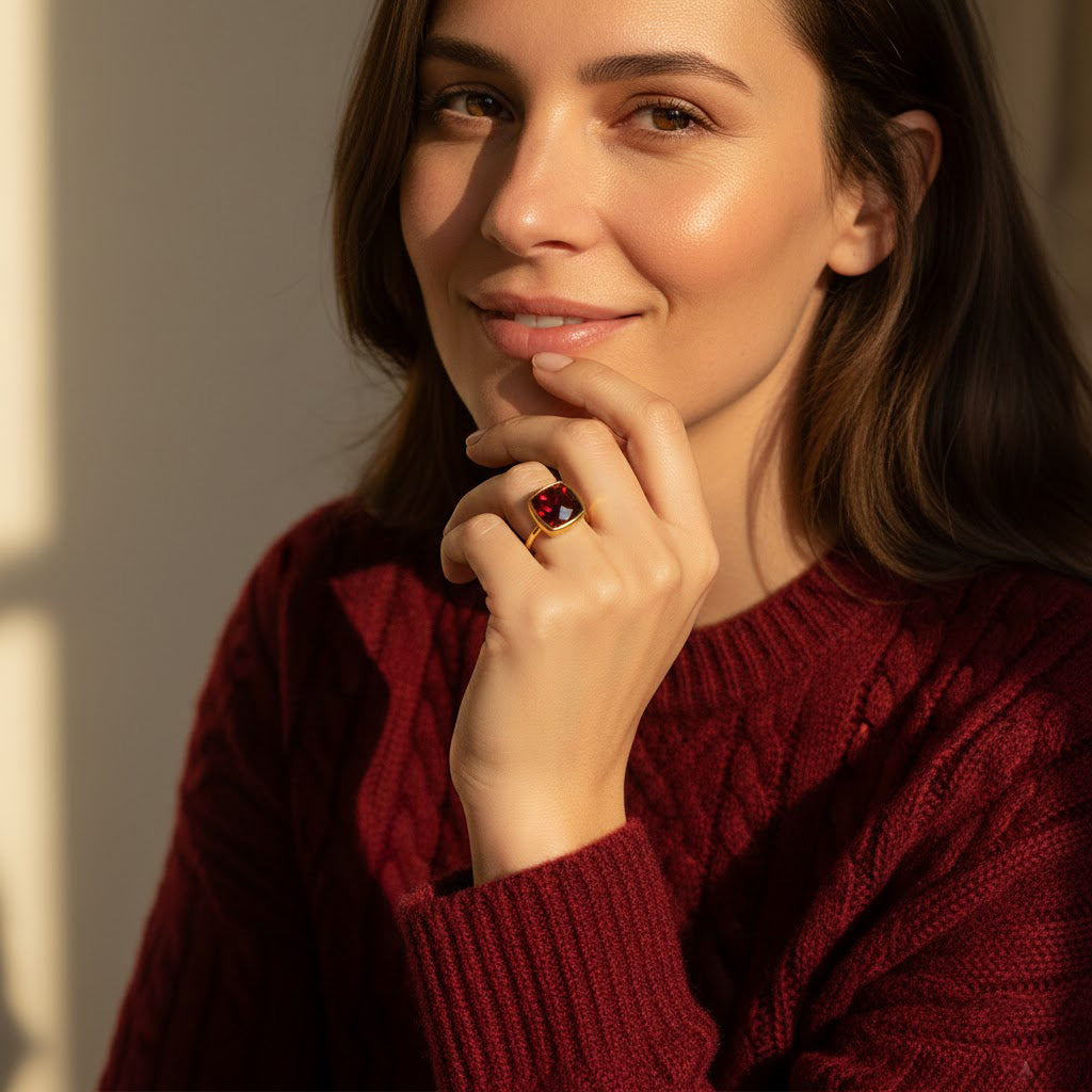 Woman wearing garnet cushion gemstone ring in gold – elegant everyday fine jewelry
