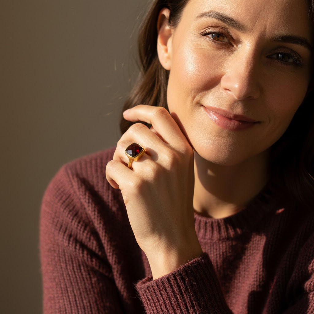 Cushion cut January birthstone ring in gold – handmade personalized jewelry gift