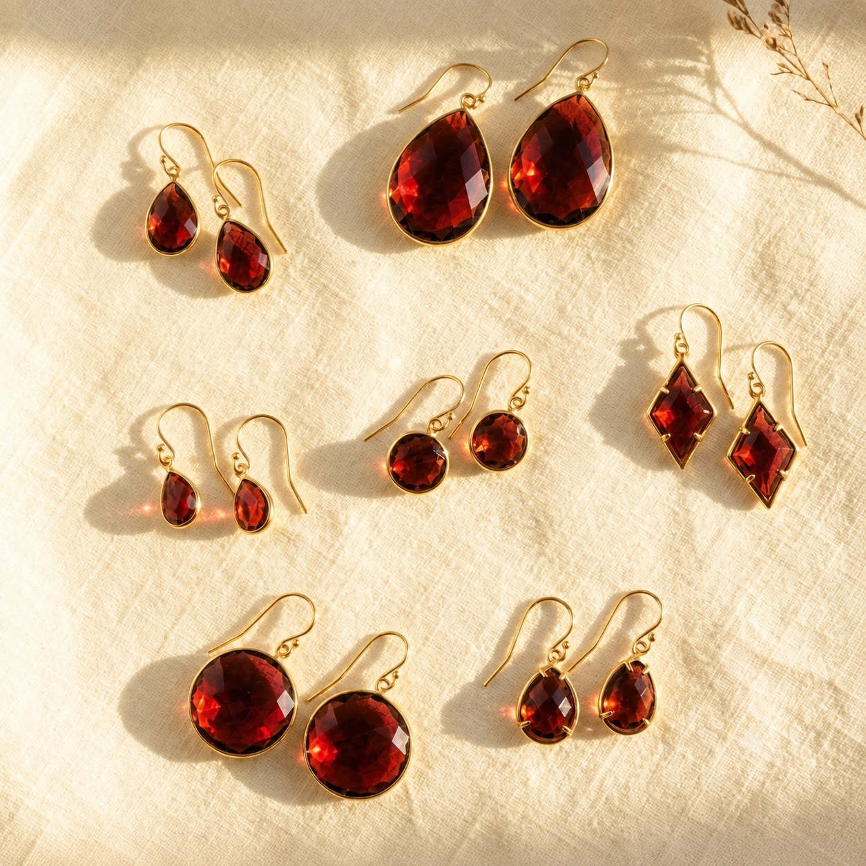 Garnet birthstone earrings in multiple teardrop round and diamond gemstone shapes
