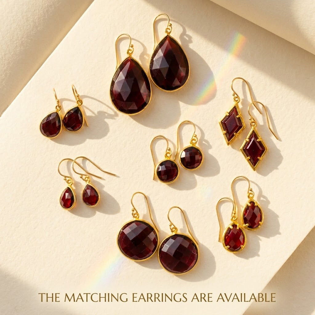 Matching garnet earrings and necklaces in gold, coordinated January birthstone jewelry gift set for women
