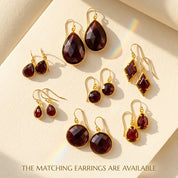 Matching garnet earrings and necklaces in gold, coordinated January birthstone jewelry gift set for women