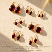 Garnet earrings showing large medium small round teardrop and diamond shapes
