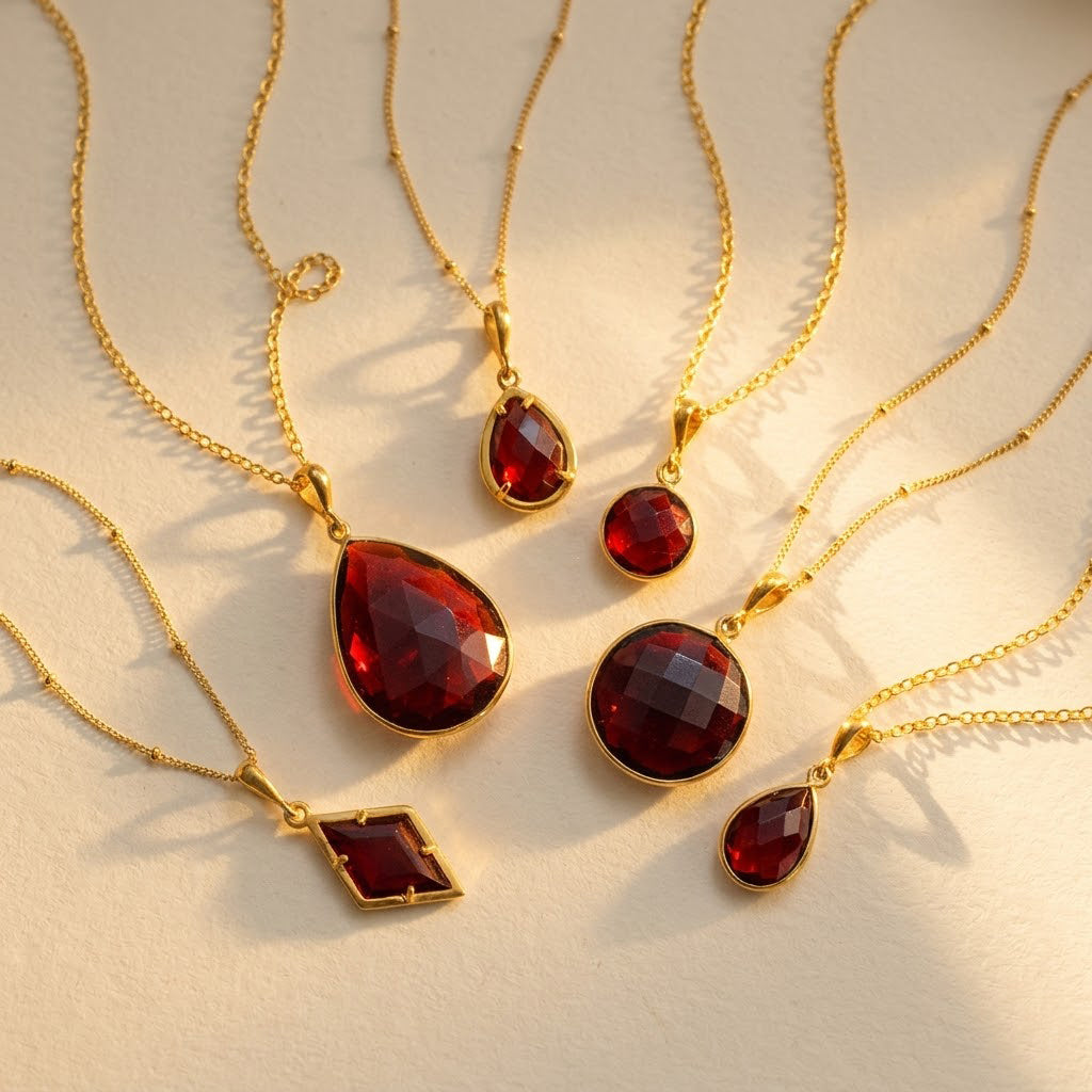 Garnet necklace collection in gold with teardrop, round, oval, and baguette pendants, January birthstone necklaces for women