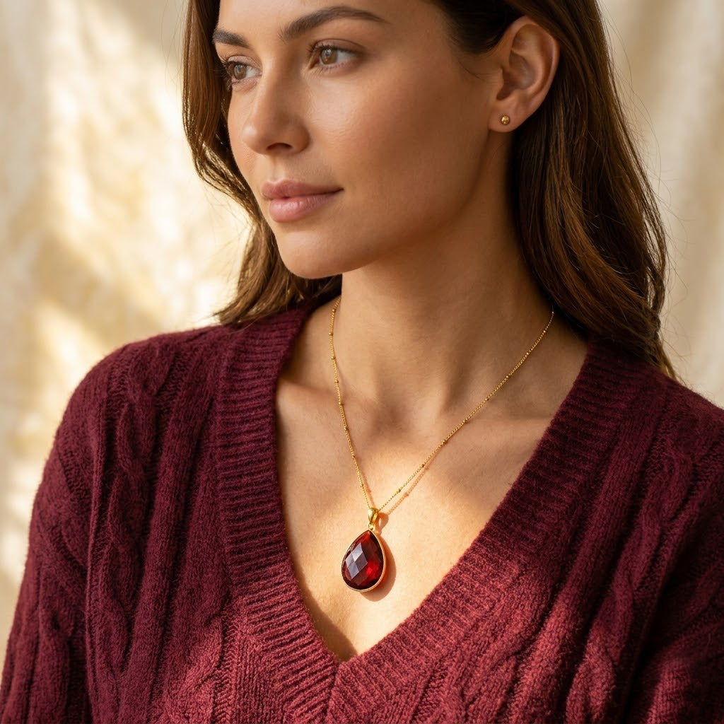 Model wearing garnet teardrop necklace in gold, deep red January birthstone pendant necklace gift for her