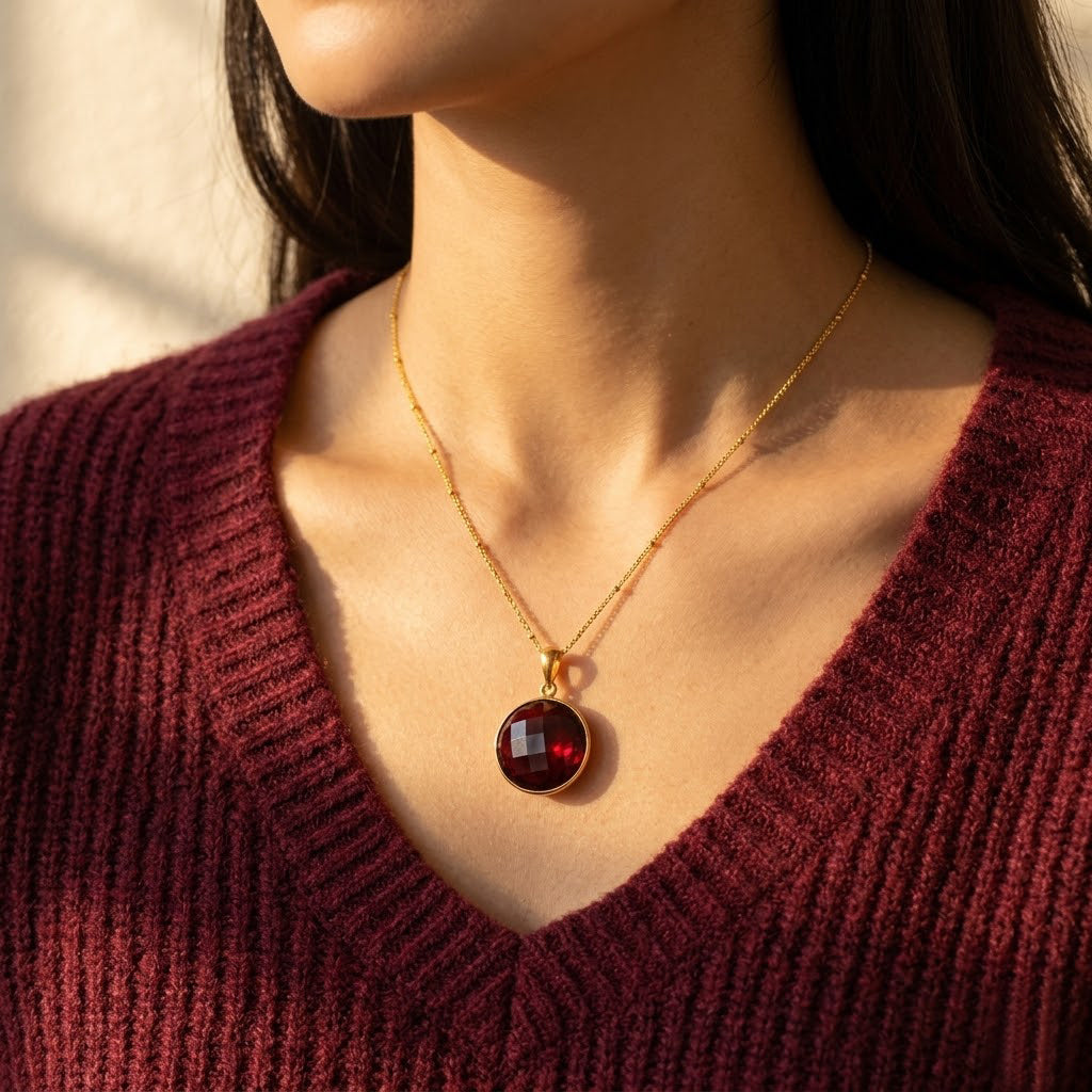 Close-up of woman wearing garnet necklace in gold, elegant red gemstone pendant for January birthday gift