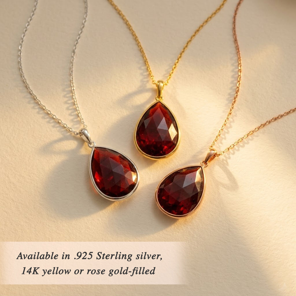Garnet pendant necklaces in sterling silver and gold vermeil, January birthstone jewelry in multiple pendant shapes