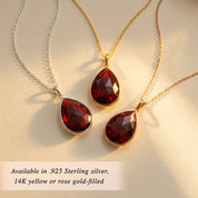 Garnet pendant necklaces in sterling silver and gold vermeil, January birthstone jewelry in multiple pendant shapes