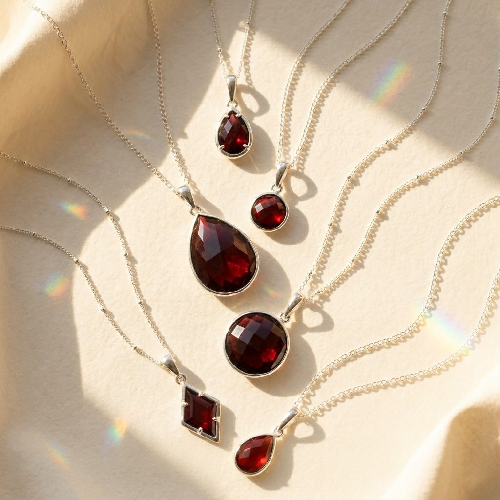 Garnet necklace set displayed on soft fabric, gold January birthstone pendants in different shapes and sizes