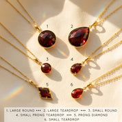 Garnet necklace shape guide showing teardrop, oval, round, and baguette pendants, January birthstone jewelry options