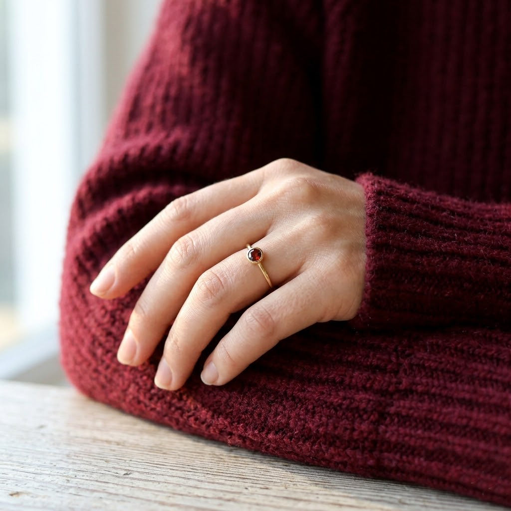 gold stacking rings with garnet and colorful gemstones