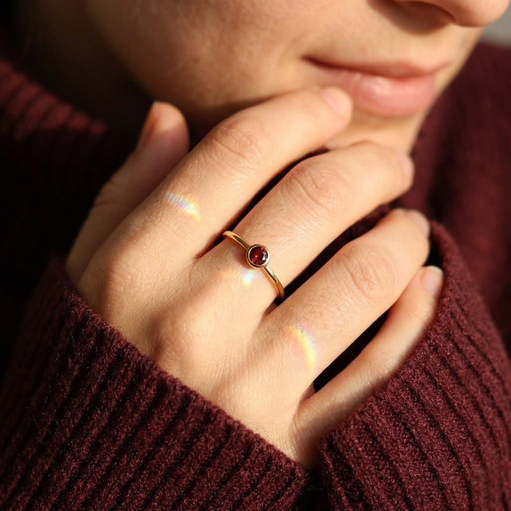 garnet stacking ring worn on hand minimalist red stone ring