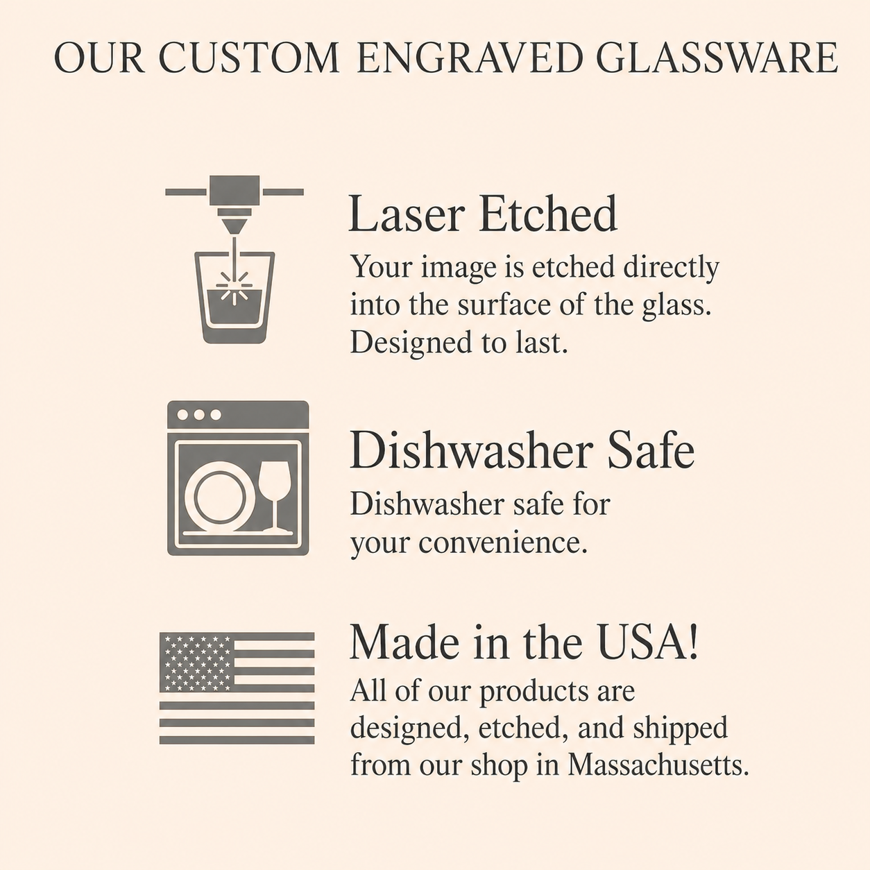 Custom laser etched beer glass details showing dishwasher safe engraving, made in USA production, and personalized glassware quality.