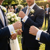 Three men in suits clinking glasses outdoors with floral arrangements and people in the background. Gold stainless steel engraved cufflinks personalized with custom initials or coordinates, featuring a sleek shinyt finish and contemporary square design, perfect for modern weddings, business attire, or a stylish personalized gift for men.